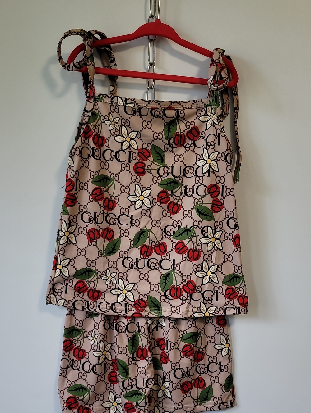 Girls Cherry & Floral Tie-Shoulder Casual Dress in Light Pink